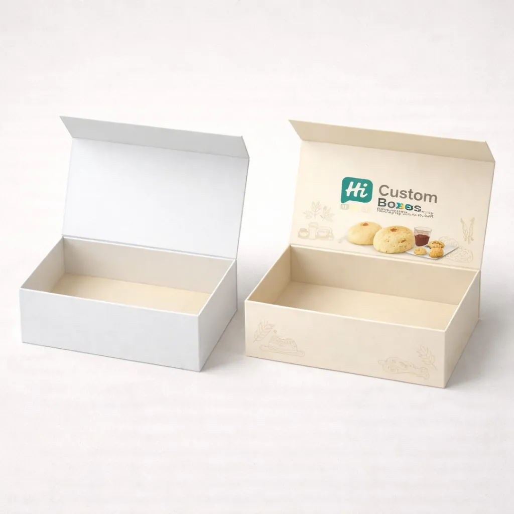White and brown scone boxes with custom branding and artistic wheat illustrations on the sides. class=